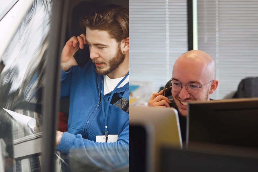 Un artisan au téléphone dans sa camionnette ; à droite, Auguste lui répond depuis son bureau